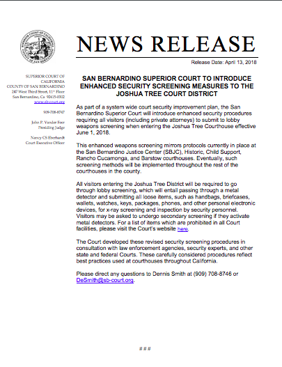 San Bernardino Superior Court to Introduce Enhanced Security Screening